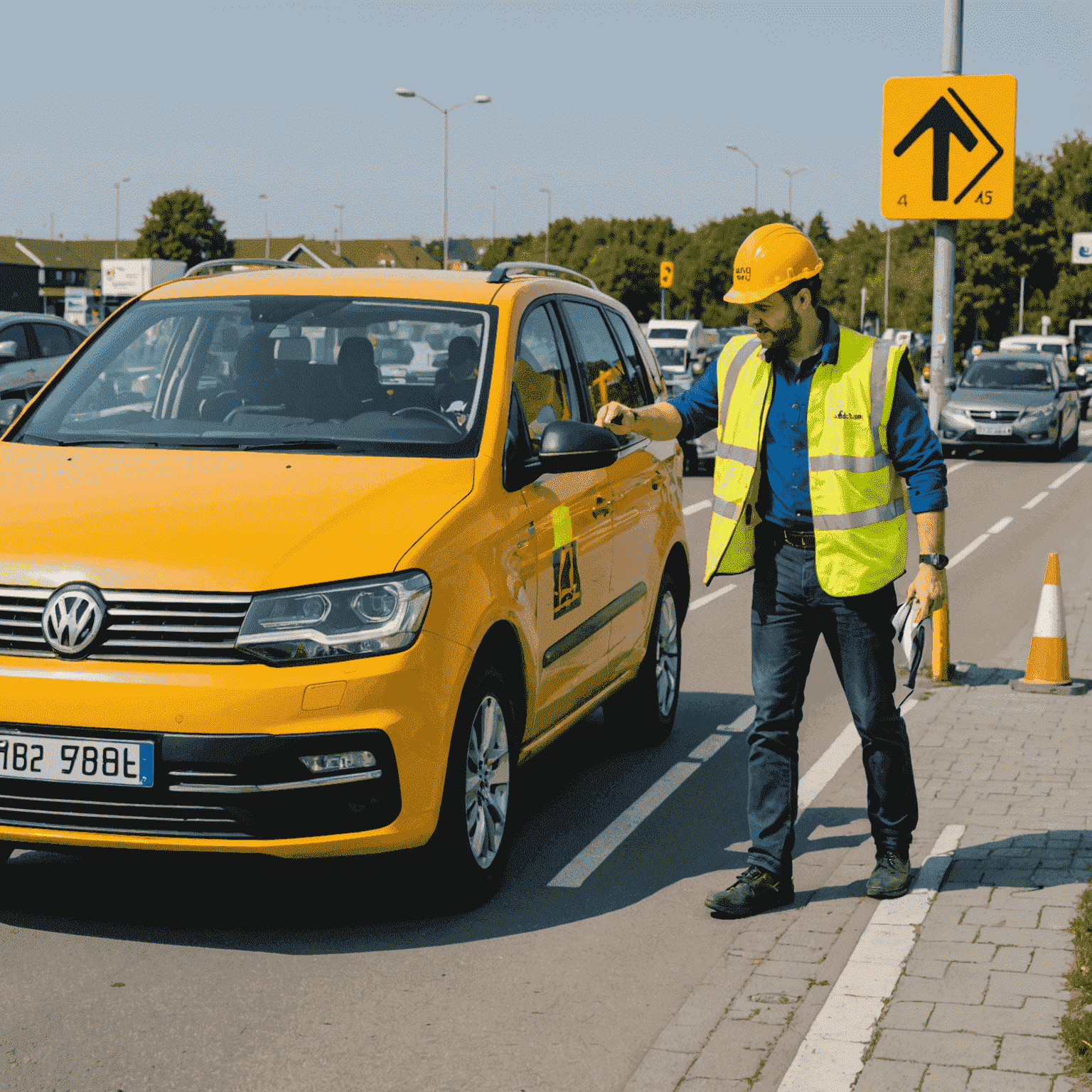 Een ANWB-medewerker die hulp verleent aan een automobilist langs de weg, met het herkenbare gele ANWB-voertuig op de achtergrond