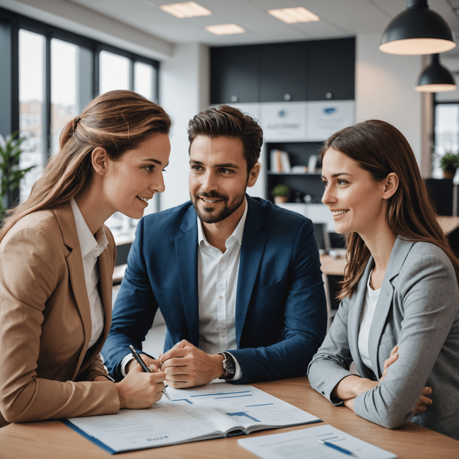 Een ASR-verzekeringsadviseur in gesprek met een jong stel over autoverzekeringen, in een modern kantoor met ASR-branding