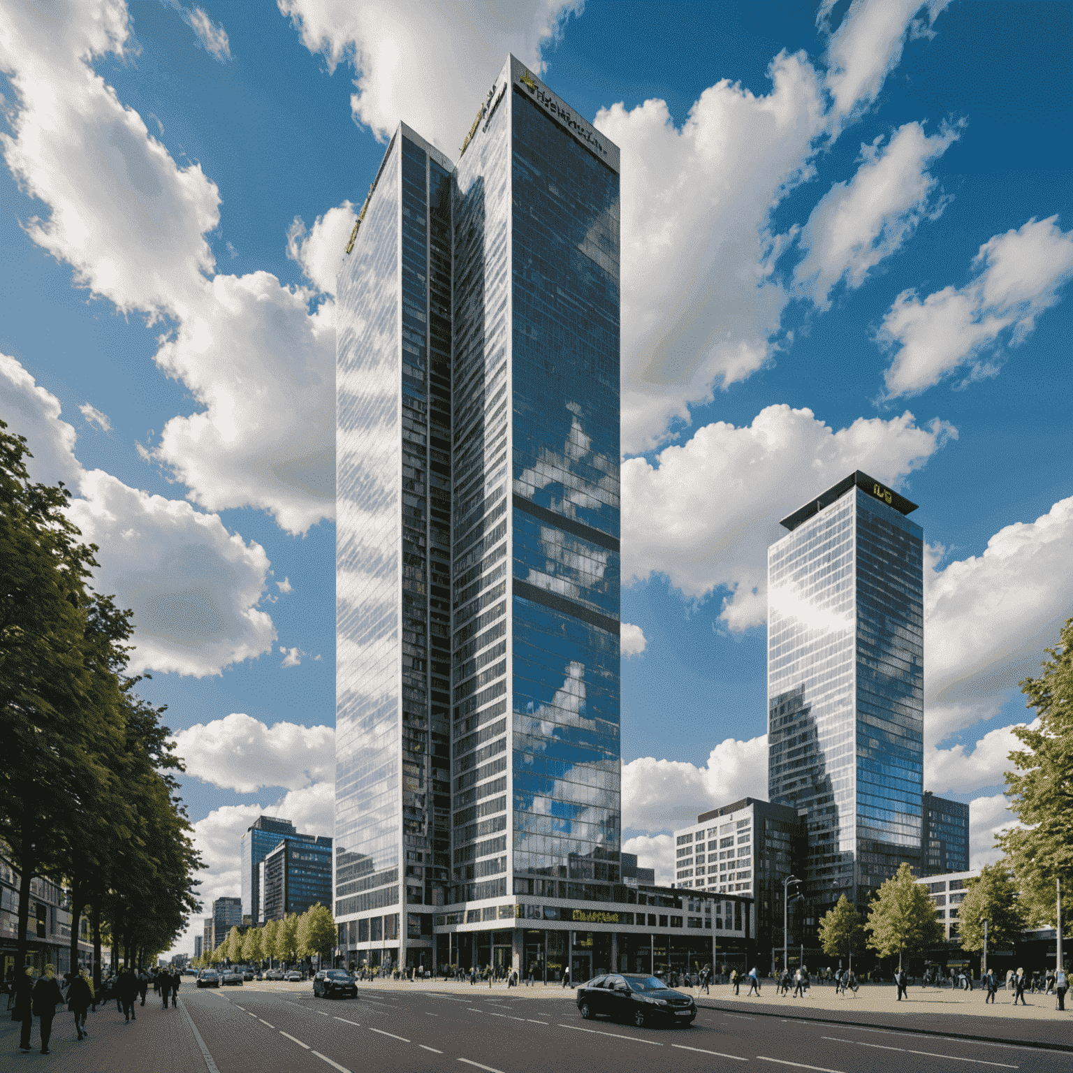 De iconische 'De Rotterdam' wolkenkrabber waar Nationale-Nederlanden gevestigd is, met het bedrijfslogo zichtbaar